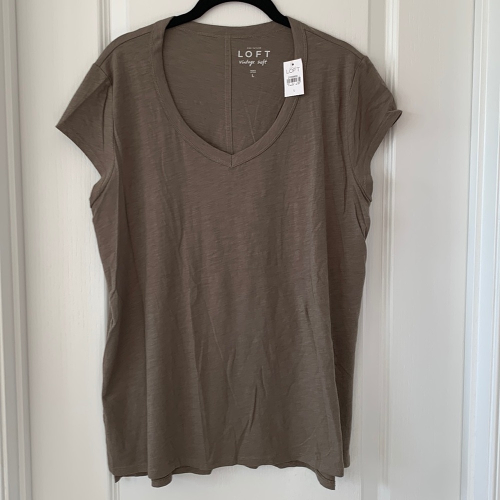 NWT LOFT Olive Green 100% Cotton Vintage Soft Short Sleeves Top Size Large